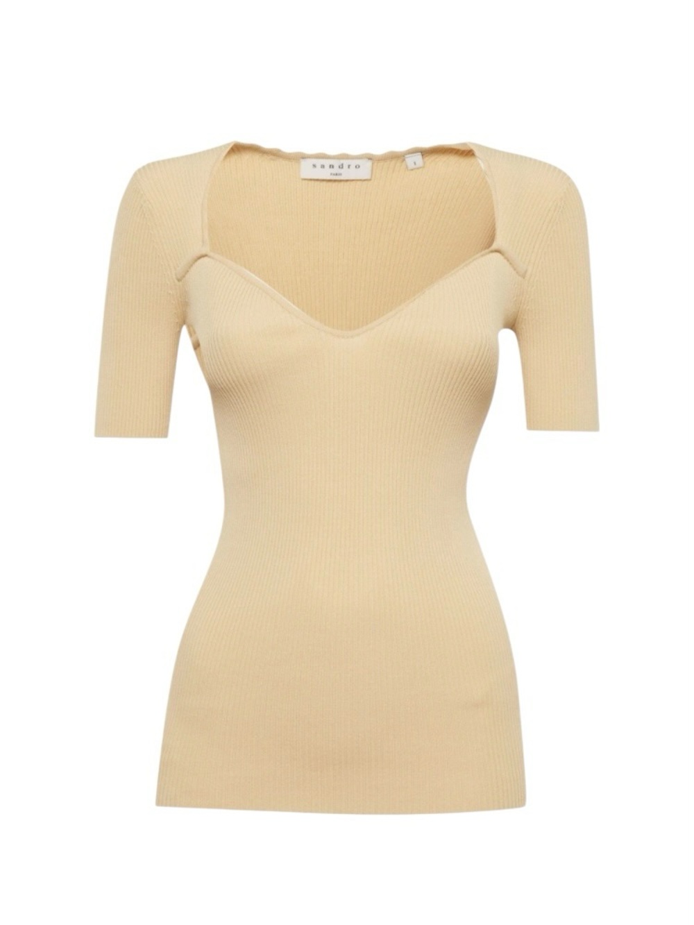 Sandro Rib Knit Top Sweetheart Neckline Beige Tan Ribbed Knit